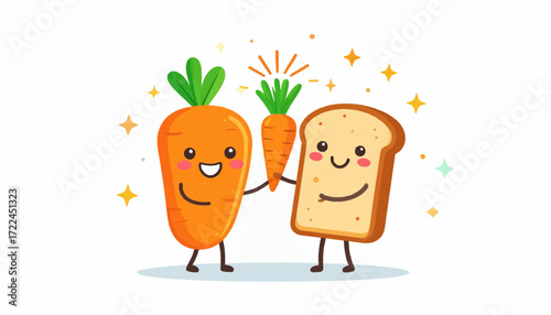 The joyful friendship between a kawaii carrot and a slice of toast, sharing a healthy snack on a white background