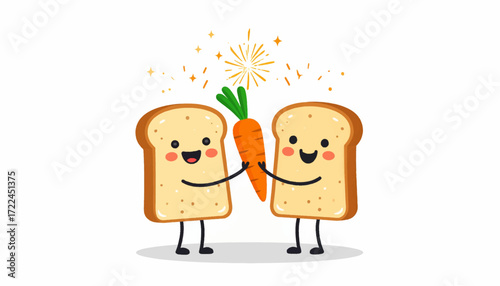 Cartoon Toast Characters Celebrating with a Carrot