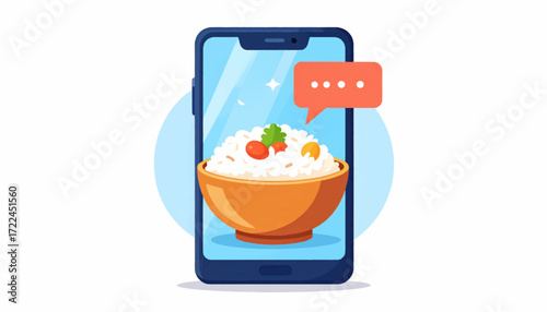 Digital illustration showcasing a smartphone with an app interface, presenting a bowl of appetizing food for convenient online ordering and swift meal delivery services