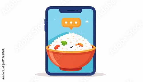 Online food ordering concept Rice bowl with chat bubble displayed on a smartphone screen