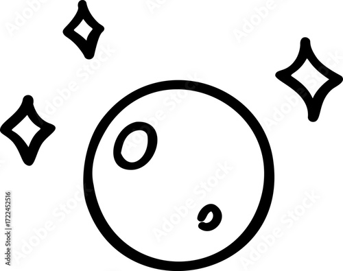 A black and white drawing of a full moon with two small craters and three sparkling stars