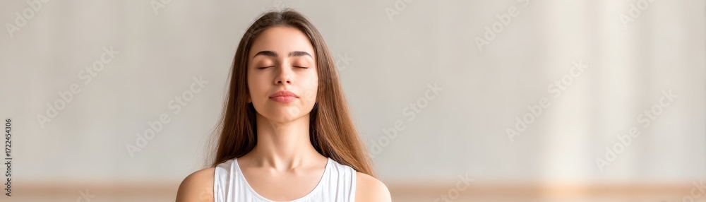 Fototapeta premium A serene woman practices mindfulness, eyes closed, in a tranquil environment, embodying relaxation and inner peace.