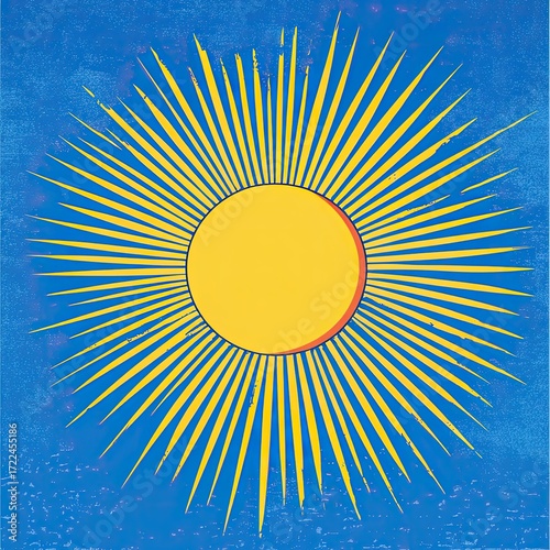 A stylized sunburst, yellow sun on blue