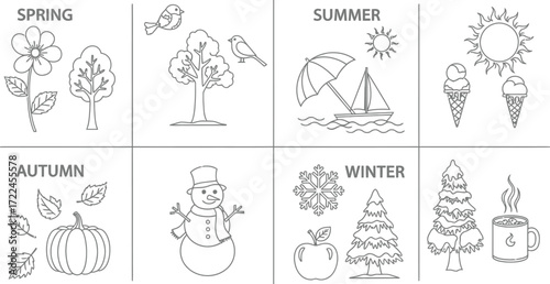 A black and white illustration depicting the four seasons with corresponding seasonal elements