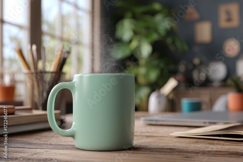 Cozy Morning Scene with Mint Green Coffee Mug on Wooden Table