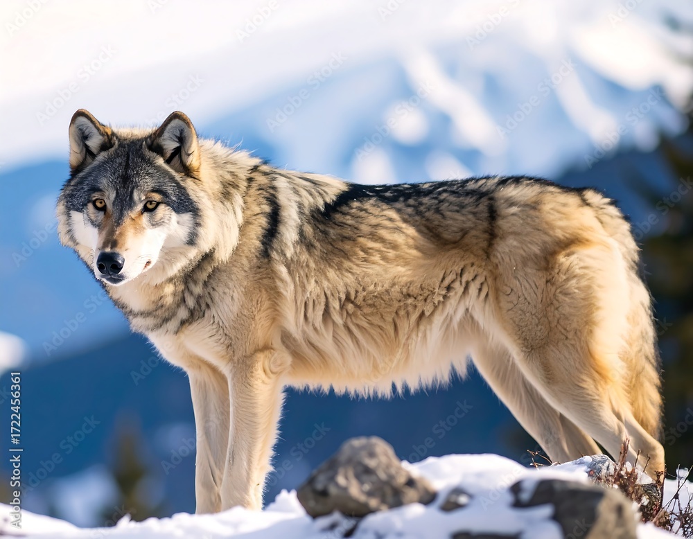 Fototapeta premium Majestic wolf in snowy mountains