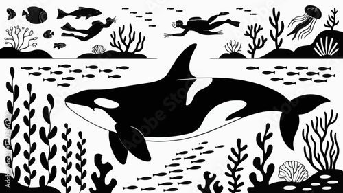Scuba Divers with Orca Whale, Jellyfish, Coral Reef & Ocean Fish Silhouette Illustration
