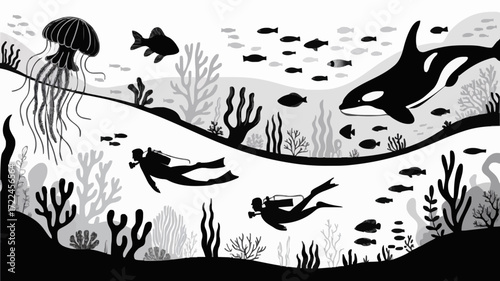 Underwater Diving with Orca, Jellyfish, Coral Reef & Marine Life Illustration
