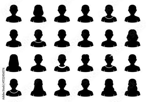 Collection of simple black silhouette icons of female avatars with varying hairstyles and necklines.