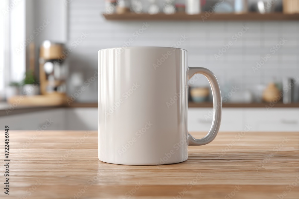 Fototapeta premium Blank White Coffee Mug on Wooden Table in Bright Kitchen Setting