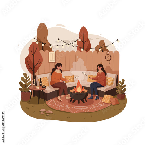 Cozy Autumn Bonfire Two Friends Roasting Marshmallows Outdoors