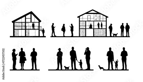 People silhouettes in elevation side view showcasing architecture | silhouettes of people in 2D | architectural drawing featuring people in section elevation view | characters in architectural