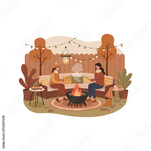 Cozy Autumn Evening Two Friends Roasting Marshmallows by a Fire Pit