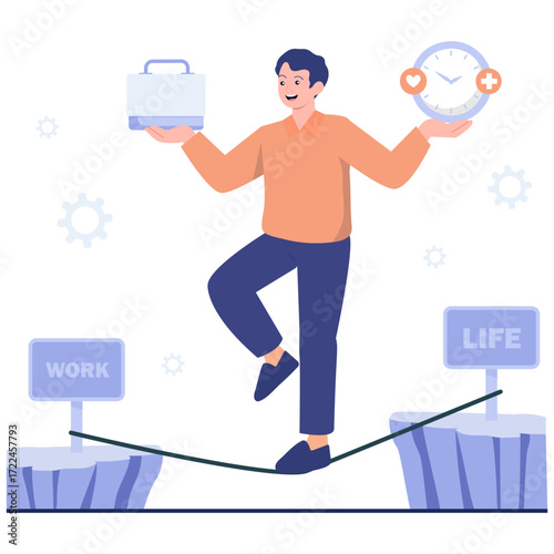 Person balancing work and life on a tightrope