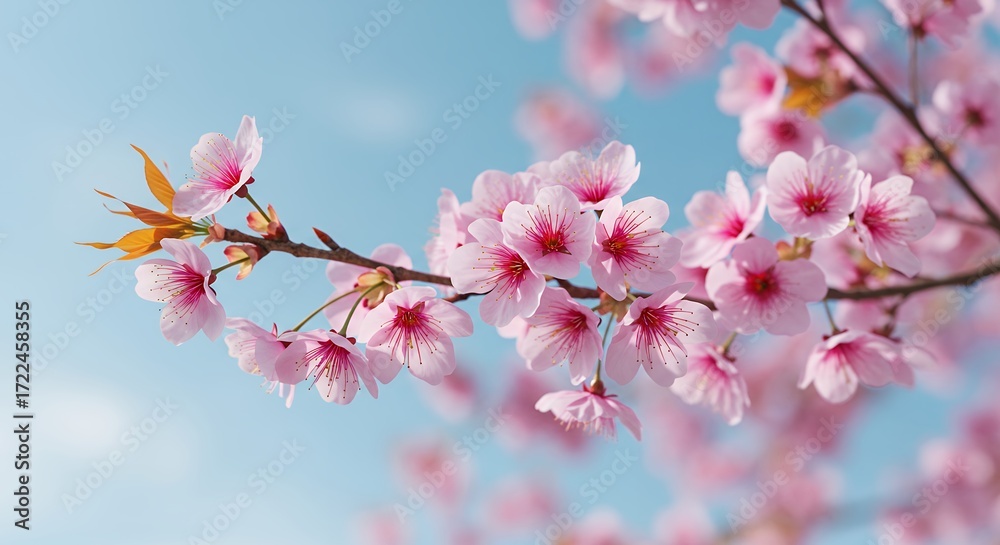 Fototapeta premium Pink cherry blossoms against a light blue sky