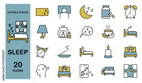 Sleep and Relaxation Collection Featuring Beds, Pillows, Aromatherapy, and Nighttime Comfort Items. Editable Stroke. Colored Vector Illustration.