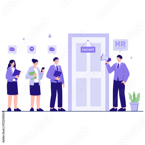 People waiting outside a door with a Vacant sign