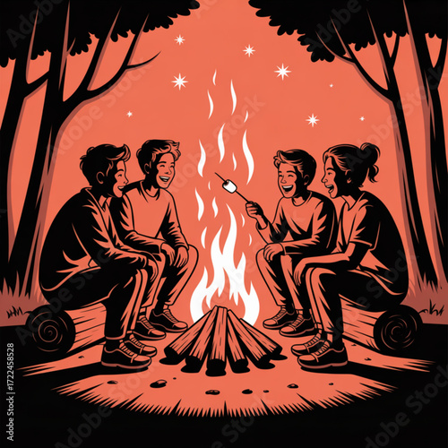 Friends camping campfire marshmallow roasting happy people outdoor adventure nature trees stars night