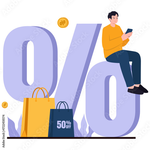 Percent symbol with man shopping bags and coins