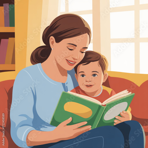 Illustration of a mother reading a book to her child promoting family bonding and early childhood education