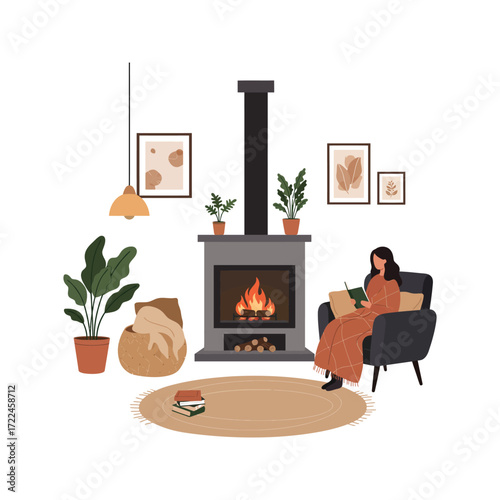 Cozy living room illustration Woman reading by fireplace plants warm aesthetic