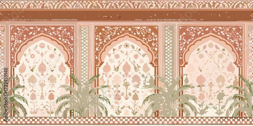Intricate mughal architectural facade with floral motifs and palm fronds in muted earthy tones