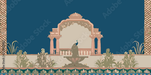 Stylized indian courtyard with peacock on fountain and ornate archway
