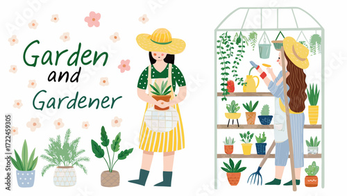 Charming illustration of two women tending to plants in a garden and greenhouse setting