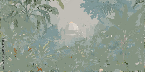 Misty jungle landscape with a domed building peeking through lush foliage and tropical plants