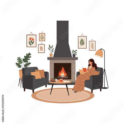 Cozy living room scene woman relaxing by fireplace reading book enjoying warm autumn vibes