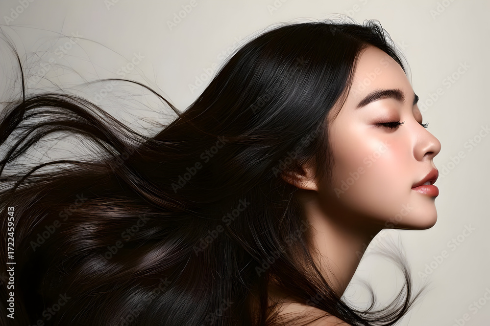 Naklejka premium A woman showcases her long, flowing hair, captured in a serene and elegant portrait.
