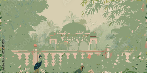 Serene indian garden with a mughal style pavilion and exotic birds in soft green tones