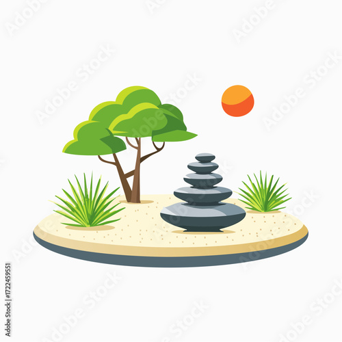 A serene zen garden concept illustration, featuring a stack of tranquil stones, a vibrant green tree, and lush desert plants, all basking under a warm orange sun, symbolizing peace and natural balance