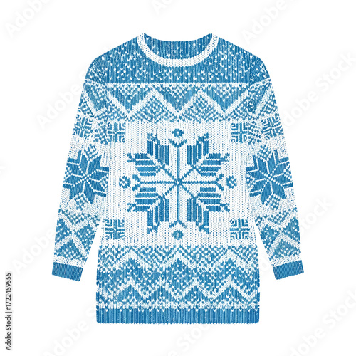 A blue and white knitted long-sleeved sweater with a snowflake pattern and geometric designs.