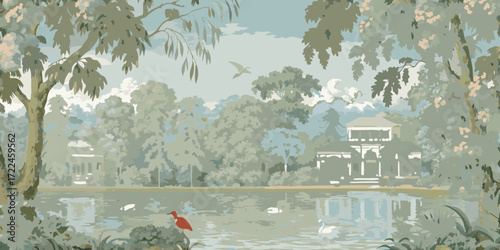Serene park landscape with a tranquil lake elegant white buildings lush trees and various birds by the water