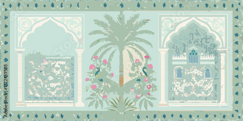 Mughal inspired garden scene with peacocks and palm trees framed by arches and columns