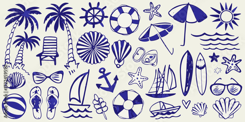 Collection of hand drawn blue summer vacation and beach icons on a light background