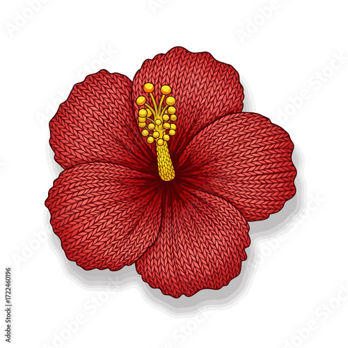 A detailed illustration of a red hibiscus flower with a realistic knitted fabric texture on a clean white background.