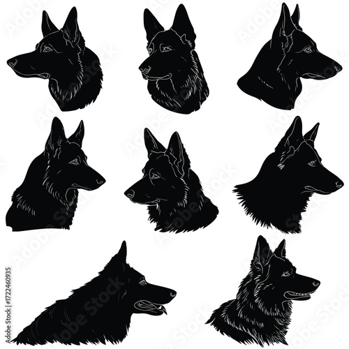 Collection of german shepherd head silhouettes in black and white isolated on white background
