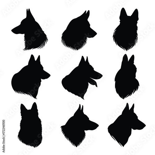 German shepherd head silhouette set black and white dog breed illustration isolated on white background
