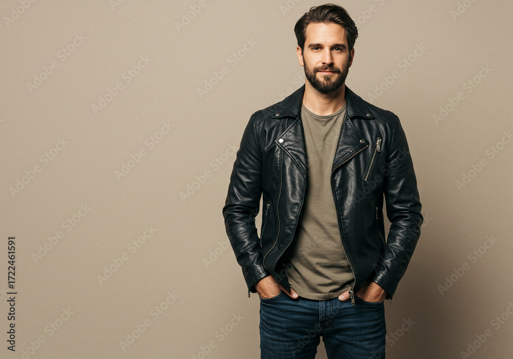 Fototapeta premium Confident man with stylish beard wearing a black leather jacket and jeans, exuding modern cool and urban sophistication for lifestyle or fashion projects.