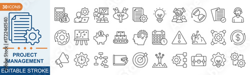 Project Management icon set. Growth, goal, featuring management, planning, risk, marketing, production and more. Illustration eps 10