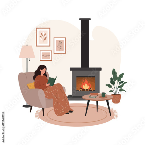 Cozy woman reading book by fireplace hygge home interior autumn winter scene warm comfortable living room