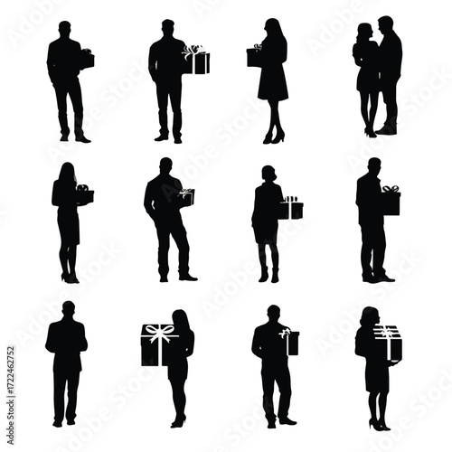 Collection of black and white gift box silhouettes isolated on white background