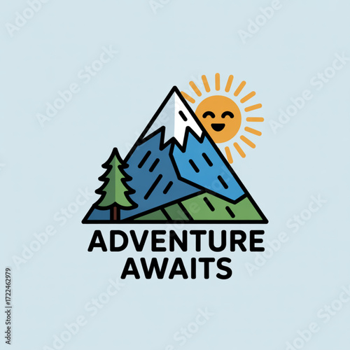 Adventure awaits mountain hiking and outdoor nature landscape with smiling sun and evergreen tree design vector