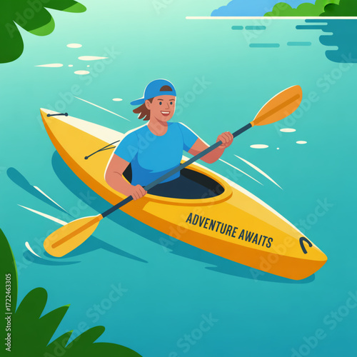 Kayaking adventure woman paddling in yellow kayak on lake summer outdoor recreation and water sports activity