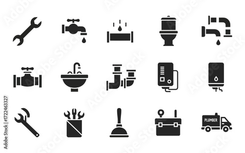 Illustration showing various plumbing fixtures and tools including wrenches, pipes, sinks and a plumber truck