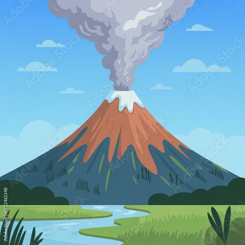 Volcano landscape eruption nature scene mountain river smoke clouds outdoor scenic vector illustration