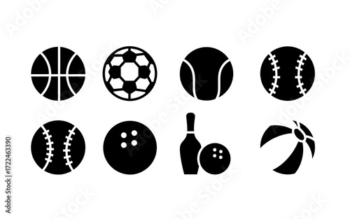 Illustration of various sports equipment including balls and bowling pin in a black and white design style