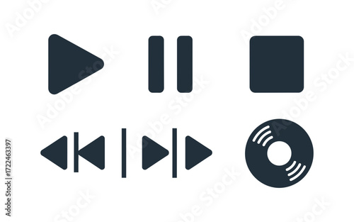 Illustration of media player controls including play pause stop rewind forward and vinyl record icon